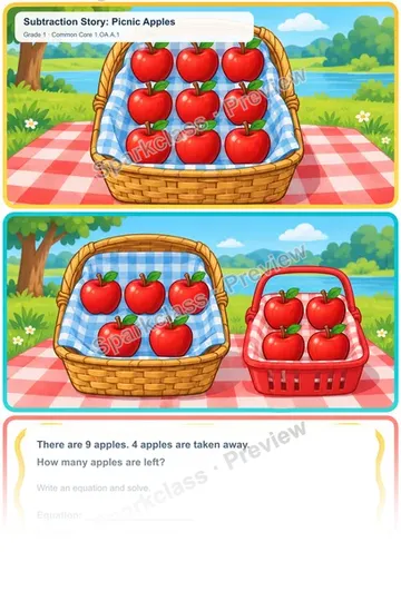 Subtraction Story: Picnic Apples — Grade 1 worksheet preview