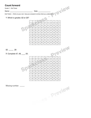 Count forward — Exit Ticket — Grade 1 worksheet preview