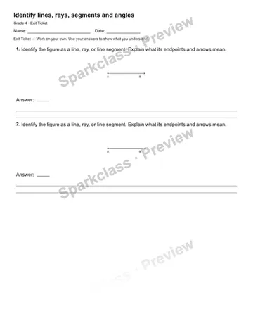 Identify lines, rays, segments and angles — Exit Ticket — Grade 4 worksheet preview