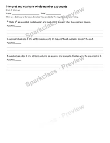 Interpret and evaluate whole-number exponents — Warm-up — Grade 6 worksheet preview