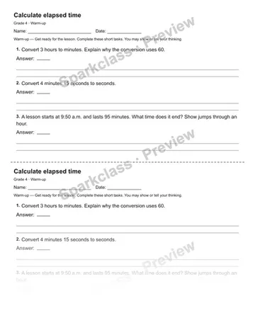 Calculate elapsed time — Warm-up — Grade 4 worksheet preview
