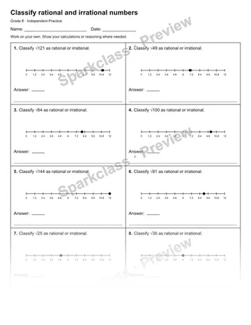 Classify rational and irrational numbers — Independent Practice — Grade 8 worksheet preview