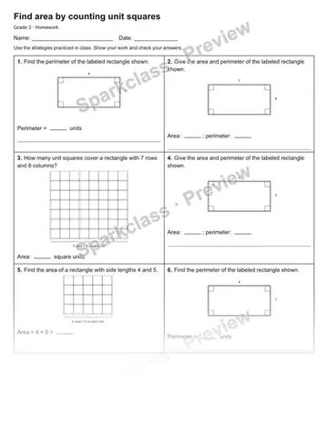 Find area by counting unit squares — Homework — Grade 3 worksheet preview