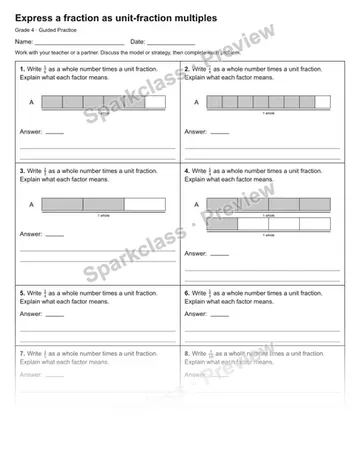Express a fraction as unit-fraction multiples — Guided Practice — Grade 4 worksheet preview