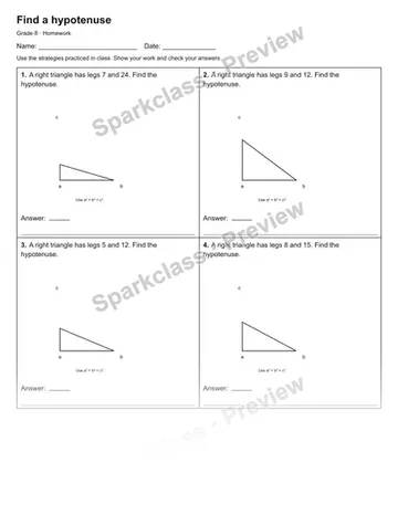 Find a hypotenuse — Homework — Grade 8 worksheet preview