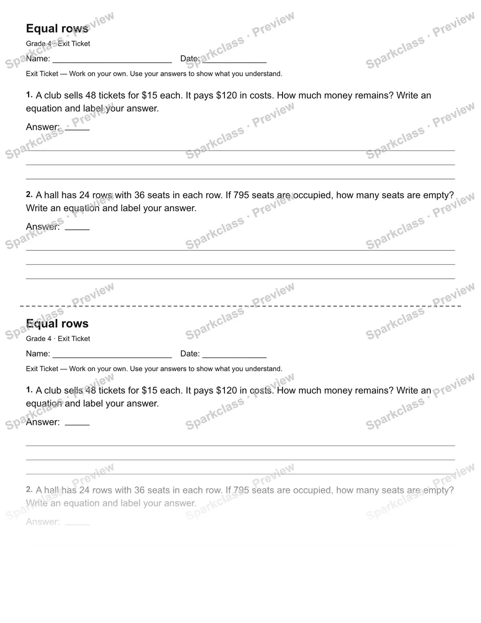 Equal rows — Exit Ticket — page 1