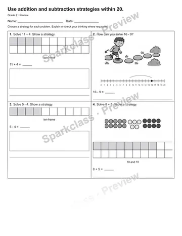 Use addition and subtraction strategies within 20. — Review — Grade 2 worksheet preview