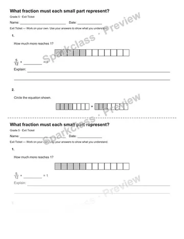 What fraction must each small part represent? — Exit Ticket — Grade 5 worksheet preview