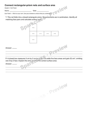 Connect rectangular-prism nets and surface area — Exit Ticket — Grade 6 worksheet preview