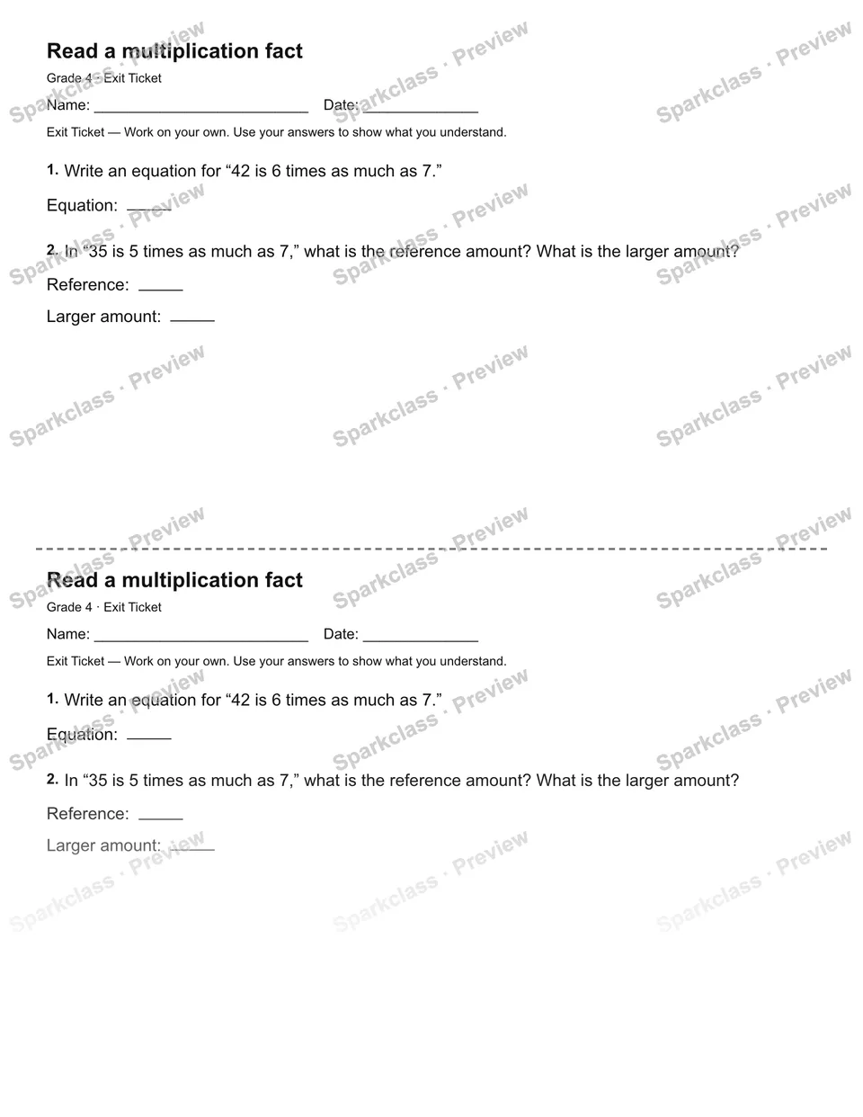 Read a multiplication fact — Exit Ticket — page 1