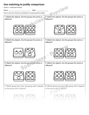 Use matching to justify comparison — Independent Practice — Kindergarten worksheet preview