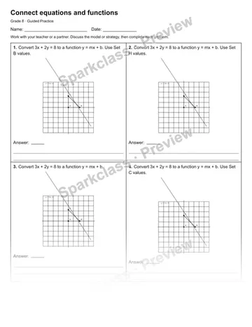 Connect equations and functions — Guided Practice — Grade 8 worksheet preview