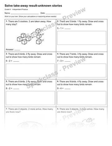 Solve take-away result-unknown stories — Independent Practice — Kindergarten worksheet preview