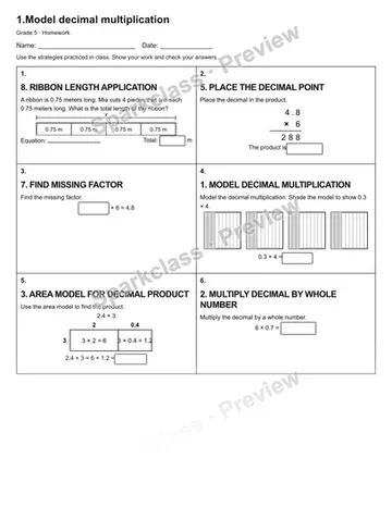 1.Model decimal multiplication — Homework — Grade 5 worksheet preview
