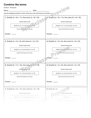 Combine like terms — Homework — Grade 8 worksheet preview