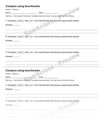 Compare using benchmarks — Warm-up — Grade 4 worksheet preview