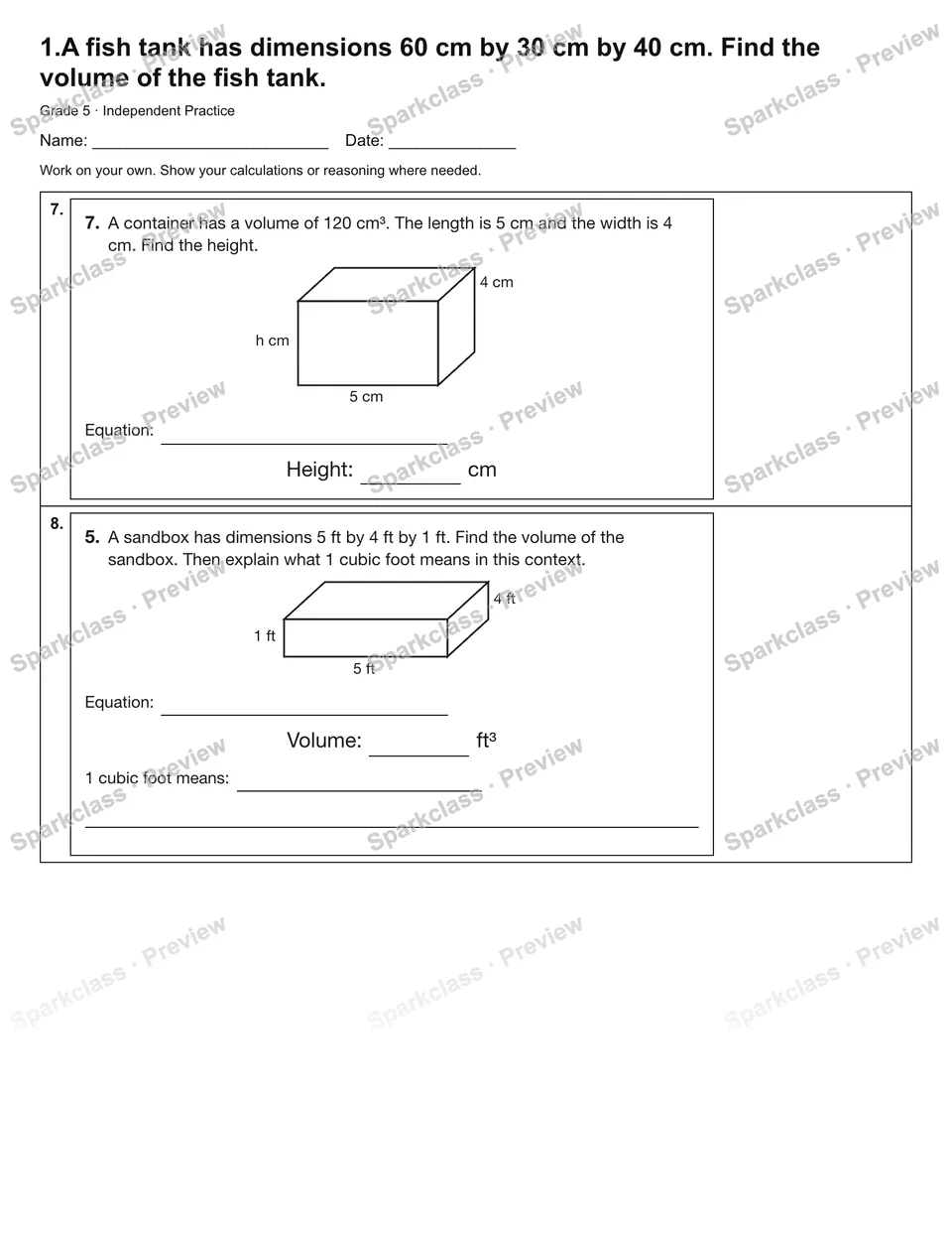 1.A fish tank has dimensions 60 cm by 30 cm by 40 cm. Find the volume of the fish tank. — Independent Practice — page 3