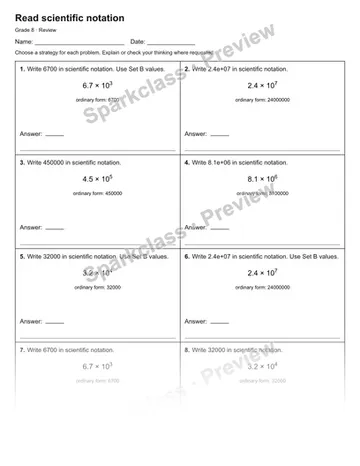 Read scientific notation — Review — Grade 8 worksheet preview