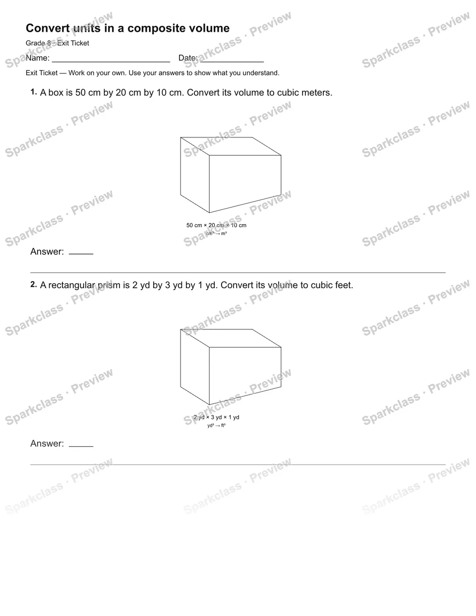 Convert units in a composite volume — Exit Ticket — page 1