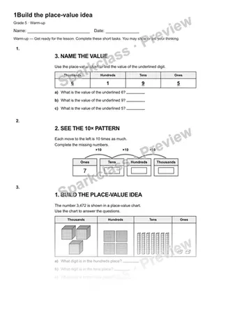 1Build the place-value idea — Warm-up — Grade 5 worksheet preview