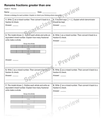 Rename fractions greater than one — Review — Grade 4 worksheet preview