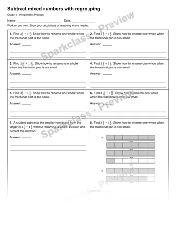 Subtract mixed numbers with regrouping — Independent Practice — Grade 4 worksheet preview