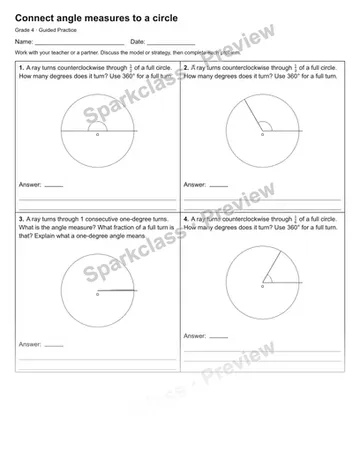 Connect angle measures to a circle — Guided Practice — Grade 4 worksheet preview