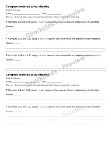 Compare decimals to hundredths — Warm-up — Grade 4 worksheet preview