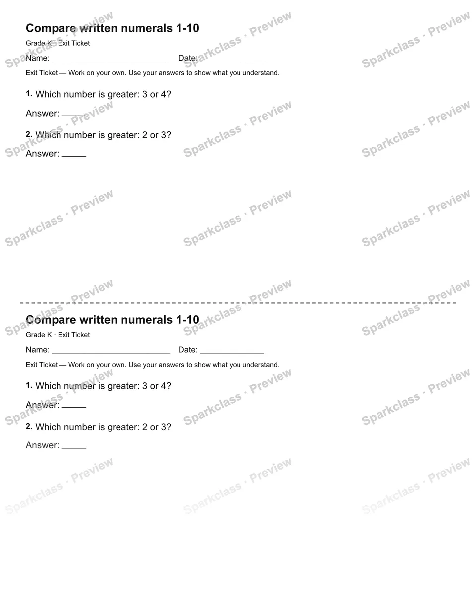 Compare written numerals 1-10 — Exit Ticket — page 1