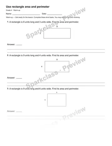 Use rectangle area and perimeter — Warm-up — Grade 4 worksheet preview
