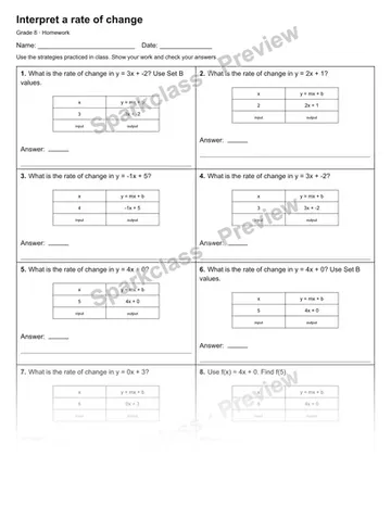 Interpret a rate of change — Homework — Grade 8 worksheet preview