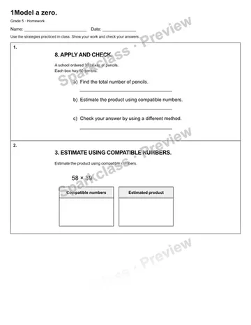 1Model a zero. — Homework — Grade 5 worksheet preview