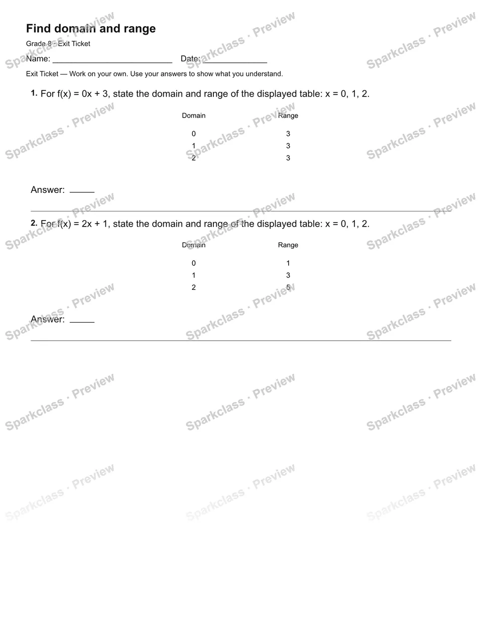 Find domain and range — Exit Ticket — page 2