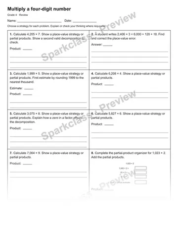Multiply a four-digit number — Review — Grade 4 worksheet preview