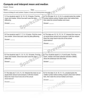 Compute and interpret mean and median — Review — Grade 6 worksheet preview