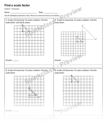 Find a scale factor — Homework — Grade 8 worksheet preview