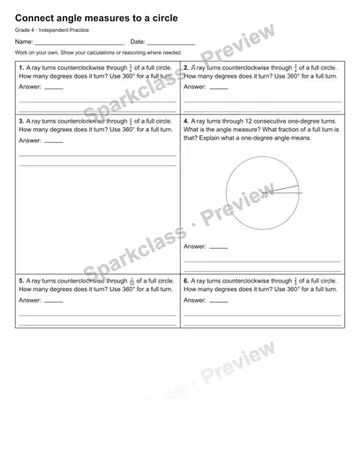 Connect angle measures to a circle — Independent Practice — Grade 4 worksheet preview
