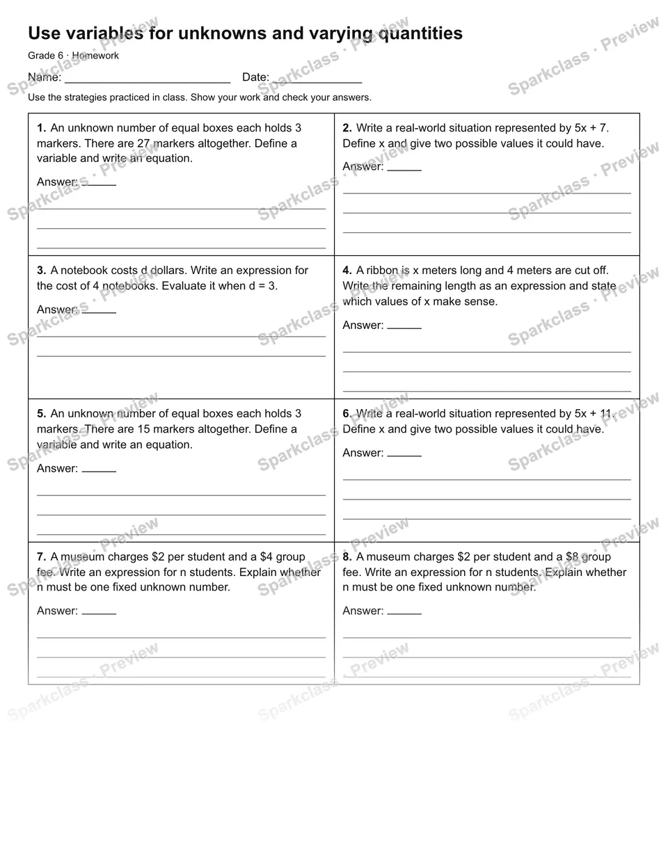 Use variables for unknowns and varying quantities — Homework — page 1