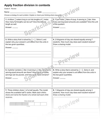 Apply fraction division in contexts — Review — Grade 6 worksheet preview