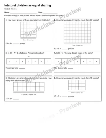 Interpret division as equal sharing — Review — Grade 3 worksheet preview