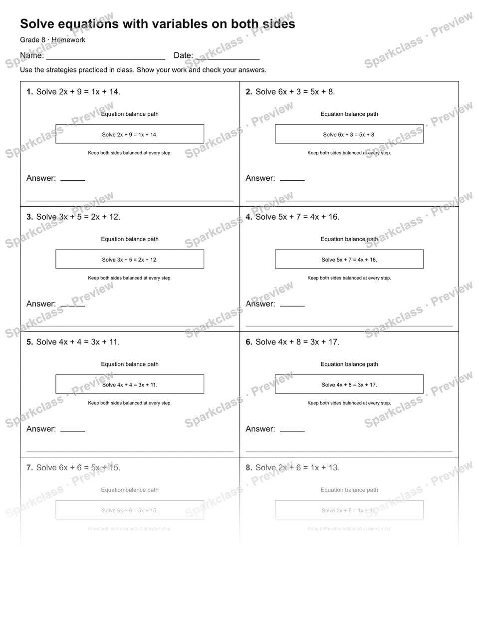 Solve equations with variables on both sides — Homework — page 1