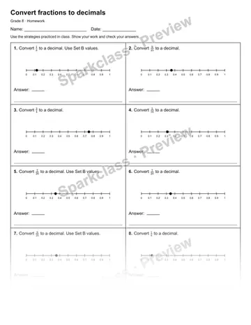 Convert fractions to decimals — Homework — Grade 8 worksheet preview
