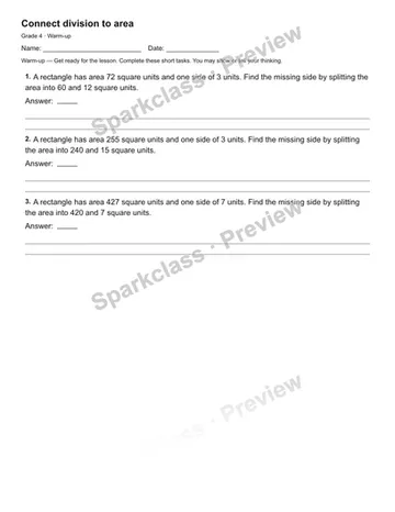Connect division to area — Warm-up — Grade 4 worksheet preview