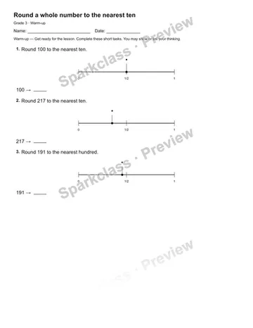 Round a whole number to the nearest ten — Warm-up — Grade 3 worksheet preview