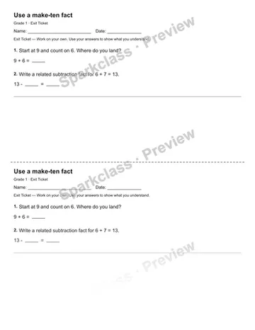 Use a make-ten fact — Exit Ticket — Grade 1 worksheet preview
