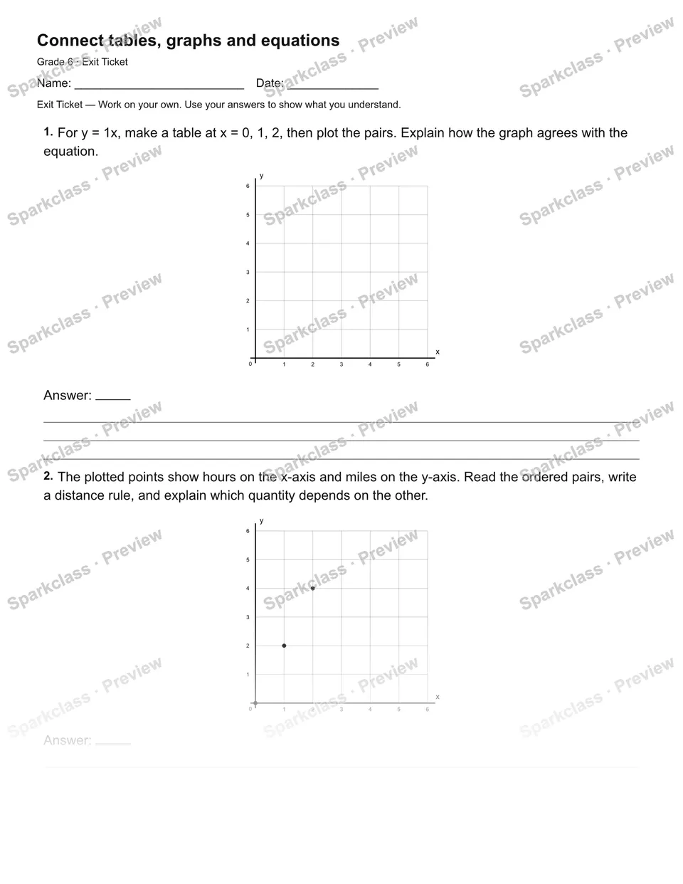 Connect tables, graphs and equations — Exit Ticket — page 1