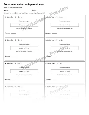Solve an equation with parentheses — Independent Practice — Grade 8 worksheet preview