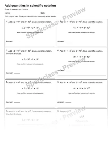 Add quantities in scientific notation — Independent Practice — Grade 8 worksheet preview