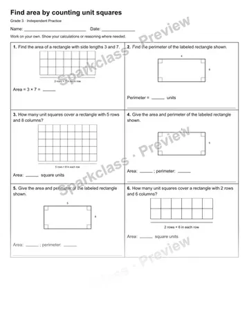 Find area by counting unit squares — Independent Practice — Grade 3 worksheet preview