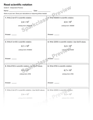 Read scientific notation — Independent Practice — Grade 8 worksheet preview